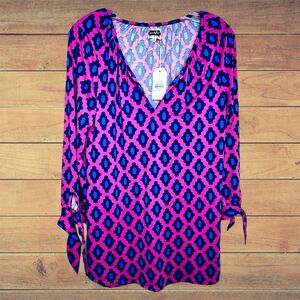 NWT Mud Pie Tunic Top Small Kingsley Pink Blue Geometric 3/4 Sleeve V Neck Boho